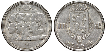 Бельгия 100 франков 1949 Belgie, королевская династия KM 139.1 серебро    1530-625