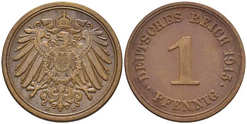 ГЕРМАНИЯ 1 ПФЕННИГ 1915 E KM 10, J. 10, Weege 2 медь 206-442