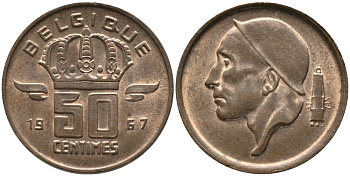 БЕЛЬГИЯ 50 САНТИМОВ 1967 BELGIQUE KM 148.1 бронза 99-1214