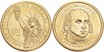 США 1 доллар 2007 P, серия президенты США, Джеймс Мэдисон (1809-1817) KM 404 медь с марганцево-латунным покрытием UNC M31-06