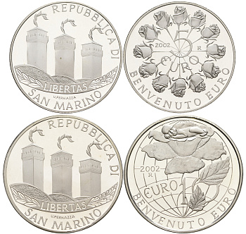 Сан-Марино набор 5 евро + 10 евро 2002 добро пожаловать евро, в оригинальной коробке, с сертификатом KM 448, 449 серебро PROOF 7-1-67