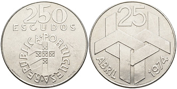 Португалия 250 эскудо 1976 Революция гвоздик 25 апреля 1974 года KM 604 серебро UNC 4558-333