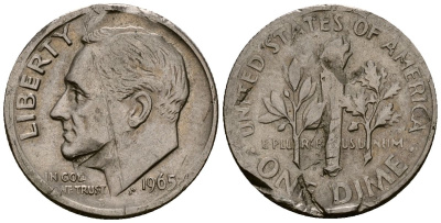 США 10 центов (дайм) 1965 Рузвельт KM 195a медь плакированная медно-никелем 4164-921