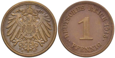 ГЕРМАНИЯ 1 ПФЕННИГ 1915 E KM 10, J. 10, Weege 2 медь 206-442