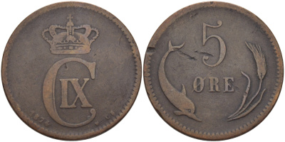 ДАНИЯ 5 ЭРЕ 1874 h KM 794.1 бронза 97-1133