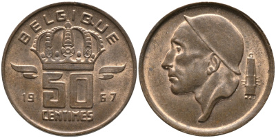 БЕЛЬГИЯ 50 САНТИМОВ 1967 BELGIQUE KM 148.1 бронза 99-1214