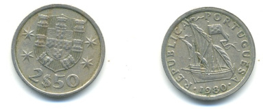 Португалия 2,5 эскудо 1980 парусник KM 590 медно-никель 176-154