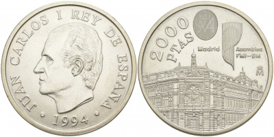 Испания 2000 песет 1994 Ассамблея Всемирного банка и МВФ в Мадриде KM 937 серебро UNC 1521-1212