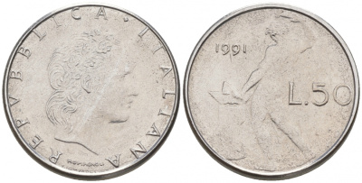 ИТАЛИЯ 50 ЛИР 1991 R КУЗНЕЦ KM 95.2 сталь 187-151
