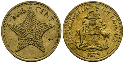 Багамские острова 1 цент 1979 морская звезда KM 59 латунь 4136-822