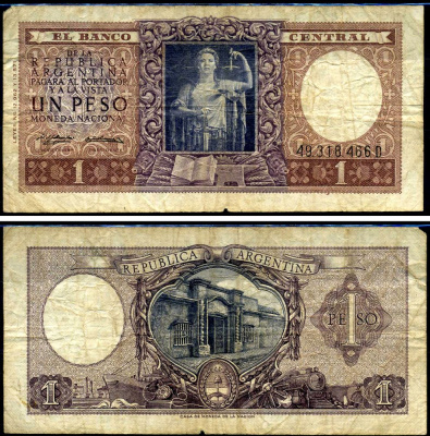 Аргентина 1 песо 1956 серия D Pick 263 b бумага 7457-26-1-2