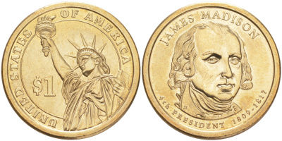 США 1 доллар 2007 P, серия президенты США, Джеймс Мэдисон (1809-1817) KM 404 медь с марганцево-латунным покрытием UNC M31-06