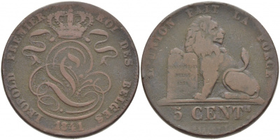 БЕЛЬГИЯ 5 САНТИМОВ 1841 BELGES KM 5.1 медь 114-815