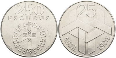 Португалия 250 эскудо 1976 Революция гвоздик 25 апреля 1974 года KM 604 серебро UNC 4558-333