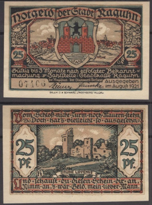 Рагун 25 пфеннигов ND (1921) DeNG 1 1094.1-5/12 бумага UNC (пресс) 8595-9-3-1