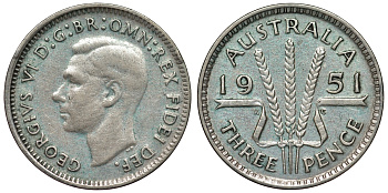 Австралия 3 пенса 1951 m, Георг VI (1937-1952), без букв KM 44 серебро 71-268