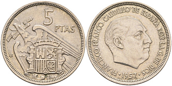 Испания 5 песет 1957(58) Франциско Франко (1939-1975) KM 786 медно-никель XF-UNC 4583-1141