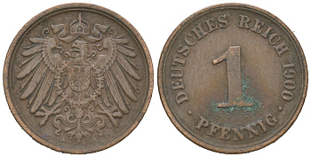 Германия 1 пфенниг 1900 A, Вильгельм II (1888-1918) KM 10, J. 10 медь 4615-713