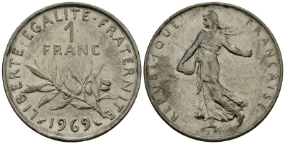 Франция 1 франк 1969 сеятель KM 925 никель 4135-827