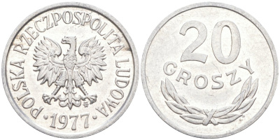 Польша 20 грошей 1977 MW KM A47 алюминий 3336-1147