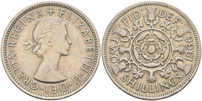 Великобритания 2 шиллинга (флорин) 1966 Елизавета II (1952-2022) KM 906, Spink 4146 медно-никель 4593-821