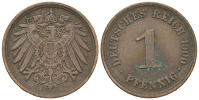 Германия 1 пфенниг 1900 A, Вильгельм II (1888-1918) KM 10, J. 10 медь 4615-713
