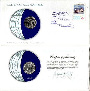 Эквадор 1 сукре 1980 конверт с маркой первого дня гашения, Coins of Nations KM 78b сталь плакированная никелем UNC 9-1-01-84