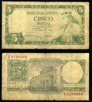 Испания 5 песет 1954 Альфонсо X, король Кастилии и Леона, дворец библиотек и музеев, Мадрид Pick 146 a бумага 7207-49-1-2