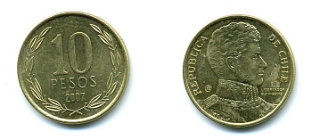 ЧИЛИ 10 ПЕСО 2007 ГЕНЕРАЛ БЕРНАРДО О ХИГГИНС KM 228.2 никель-бронза 37-265