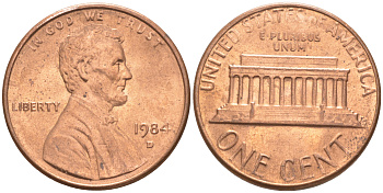 США 1 ЦЕНТ 1984 D, ЛИНКОЛЬН KM 201b цинк плакированный медью UNC 187-725
