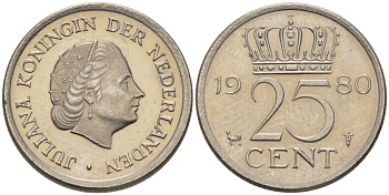 НИДЕРЛАНДЫ 25 ЦЕНТОВ 1980 ЮЛИАНА KM 183 никель 66-435