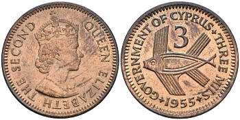 Кипр Британский 3 миля 1955 Елизавета II (1952-2022), рыба KM 33 бронза 4594-314