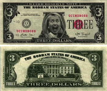 США 3 ДОЛЛАРА 1996 СУВЕНИРНАЯ БАНКНОТА, ХИЛЛАРИ КЛИНТОН, НАДПИСЬ THE RODHAM STATES OF AMERICA бумага UNC (ПРЕСС) 7198-34-1-1