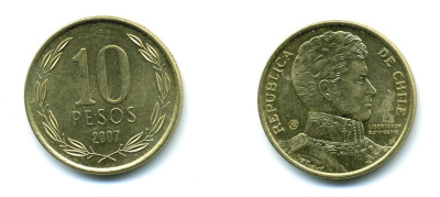 ЧИЛИ 10 ПЕСО 2007 ГЕНЕРАЛ БЕРНАРДО О ХИГГИНС KM 228.2 никель-бронза 37-265