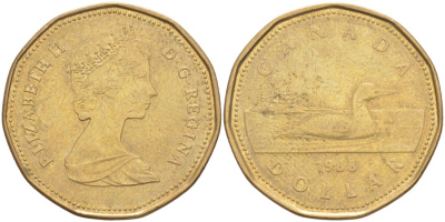 Канада 1 доллар 1988 утка, Елизавета II KM 157 никель плакированный алюминиевой бронзой 63-622