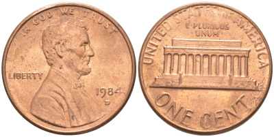 США 1 ЦЕНТ 1984 D, ЛИНКОЛЬН KM 201b цинк плакированный медью UNC 187-725