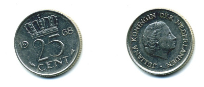 НИДЕРЛАНДЫ 25 ЦЕНТОВ 1968 ЮЛИАНА KM 183 никель 76-515