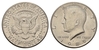США 1/2 доллара (50 центов) 1989 D, Джон Кеннеди KM A202b медь плакированная медно-никелем UNC 4672-636