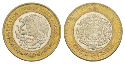 Мексика 10 песо 2014 Мо, бог Тонатиуха с огненной маской KM 616 биметалл aUNC 4637-733