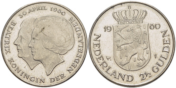 Нидерланды 2 1/2 гульдена 1980 коронация Беатрикс, 30 апреля 1980 KM 201 никель 38-135
