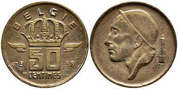 БЕЛЬГИЯ 50 САНТИМОВ 1958 BELGIE KM 149.1 бронза 4392-823