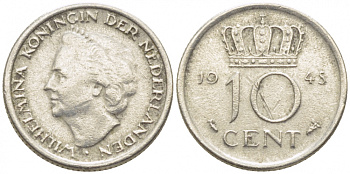 Нидерланды 10 центов 1948 Вильгельмина (1895-1948) KM 177 никель 112-257