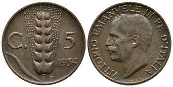 ИТАЛИЯ 5 ЧЕНТЕЗИМО 1934 R, ВИКТОР ИМАНУИЛ III KM 59 медь 4381-553