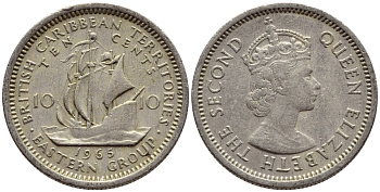 Британские Восточно-Карибские территории 10 центов 1965 Елизавета II (1952-2022), парусник KM 5 медно-никель 4392-659