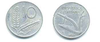 Италия 10 лир 1953 R, плуг, колосья KM 93 алюминий 86-945