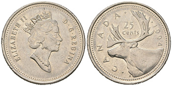 Канада 25 центов 1994 Елизавета II (1952-2022), олень KM 184 никель 4382-1226