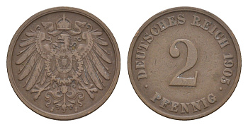 Германия 2 пфеннига 1905 J, Вильгельм II (1888-1918) KM 16, J. 11 бронза 4659-148