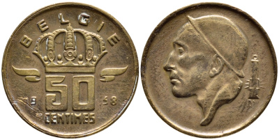 БЕЛЬГИЯ 50 САНТИМОВ 1958 BELGIE KM 149.1 бронза 4392-823