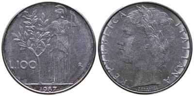 ИТАЛИЯ 100 ЛИР 1987 R, АФИНА KM 96.1 сталь 3334-936