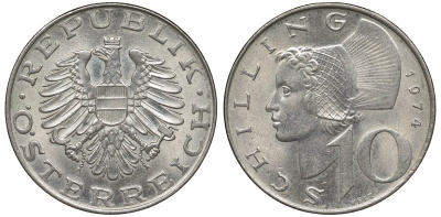 АВСТРИЯ 10 ШИЛЛИНГОВ 1974 KM 2918 никель плакированный медно-никелем 72-125